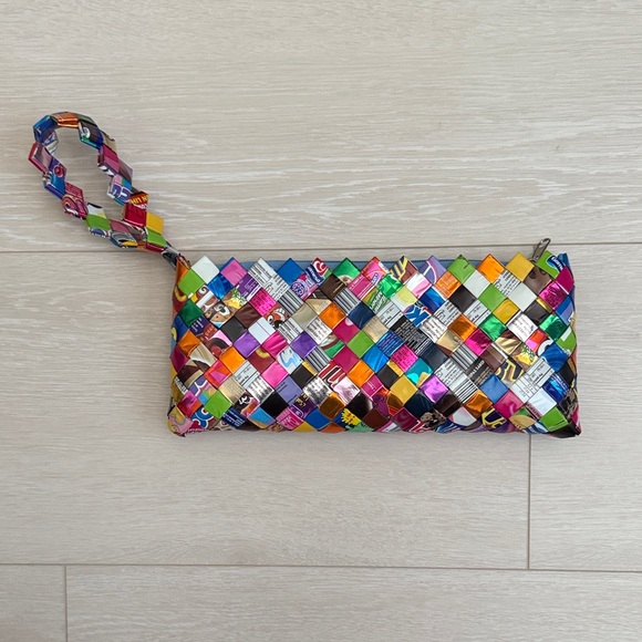 Handbags - 3/$10 Unique Multicolor Woven Repurposed Wrapper Wristlet Clutch